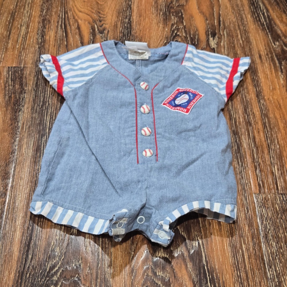 Small Steps 6-9M Baseball Romper Baby Blue Striped Sporty Vintage Style D5355